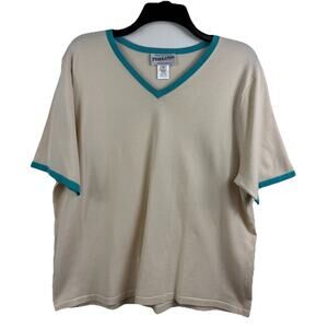Pendleton Silk Blend Sweater XL Short Sleeved Cream Blue Trim Career Classic
